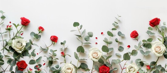 Arrangement of flowers with roses and eucalyptus branches on a white backdrop. Flat lay design with a top-down view and space for text.
