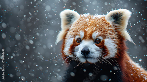Red Panda Ailurus fulgens in the snow  Cute red panda with snow falling in winter. A red panda is sitting in the snow,  Generative AI photo