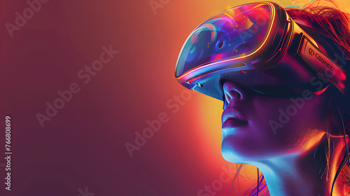 Woman with VR headset exploring the met averse Cheerful stylish female in vr headset stretching out arms and smiling while dancing in cyberspace against purple background, Generative Ai