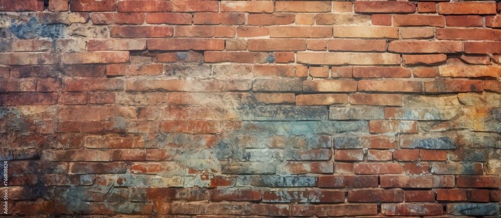 A detailed view of a brick wall showing signs of age and wear, with remnants of faded paint on the surface A detailed view of a brick wall showing signs of age and wear, with remnants of faded paint on the surface