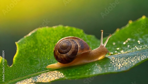 Nature's Pace: Delicate Beauty as a Snail Meanders Across a Leaf, Leaving a Glittering Trail"