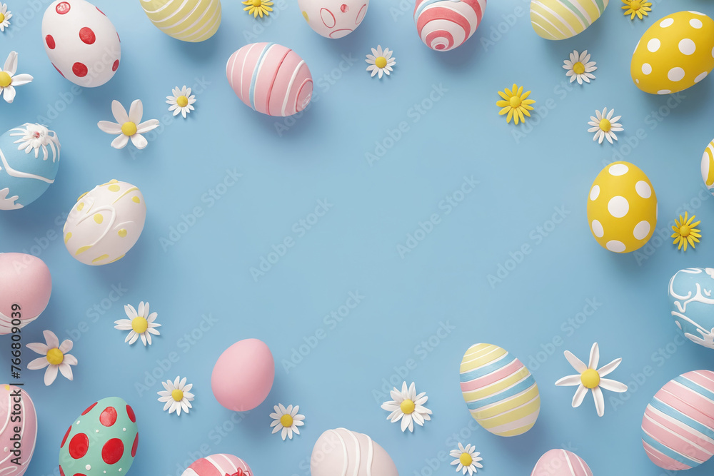 Painted eggs boasting vibrant colors and intricate patterns set against a light blue background. Ideal for Easter themed content and events, banners, greeting cards and social media posts.