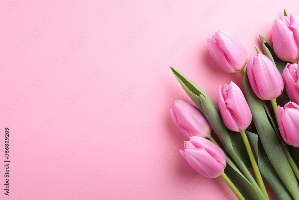 A bouquet of pink tulips set against a soft pink background
