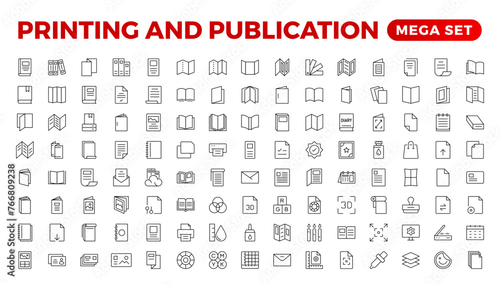 Printing & Publication icon set. Flyer Brochure line icon set. letterhead, booklet, leaflet, corporate catalog, and envelope icon set. Outline iconcollection.