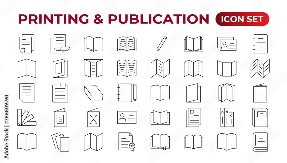 Printing & Publication icon set. Flyer Brochure line icon set. letterhead, booklet, leaflet, corporate catalog, and envelope icon set. Outline iconcollection. Printing & Publication icon set. Flyer Brochure line icon set. letterhead, booklet, leaflet, corporate catalog, and envelope icon set. Outline iconcollection.