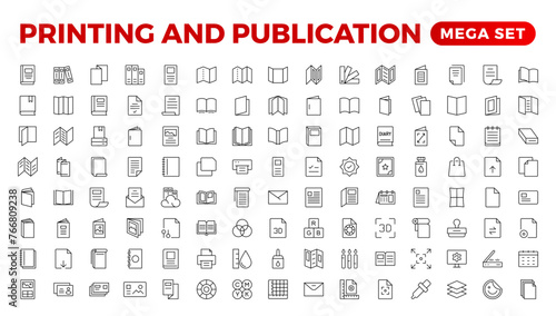 Printing & Publication icon set. Flyer Brochure line icon set. letterhead, booklet, leaflet, corporate catalog, and envelope icon set. Outline iconcollection.