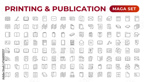 Printing & Publication icon set. Flyer Brochure line icon set. letterhead, booklet, leaflet, corporate catalog, and envelope icon set. Outline iconcollection. photo