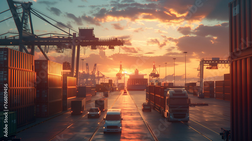 Container terminal with freight ship and cargo cranes at sunset. 3d rendering