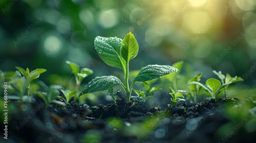 A small green plant breaking through the soil with new growth A small green plant breaking through the soil with new growth