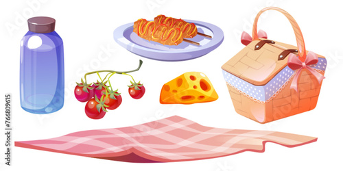 Cute picnic set with wicker basket, food and blanket. Cartoon vector illustration set of outdoor city park dinner eating and snacks - bottle with drink, cheese and tomato, plate with hot dog on stick.