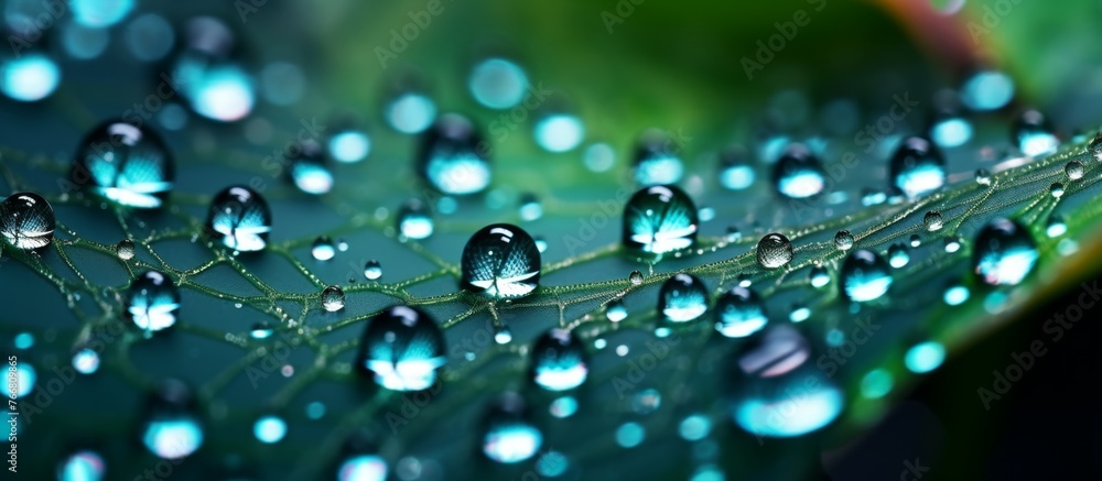 Closeup of liquid water droplets on a green terrestrial plant leaf, glistening with moisture. The dewy drops resemble tiny funeral jewels in the grass after a light drizzle