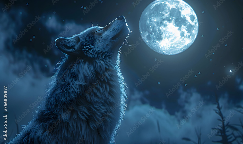 Majestic lone wolf howling under the moonlight in a snowy forest Majestic lone wolf howling under the moonlight in a snowy forest
