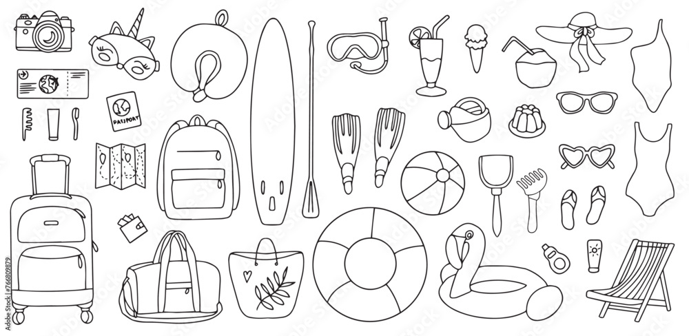 Hand drawn set of summer holiday elements, luggage, swimwear and beach accessories. Travel element drawn in doodle style. Illustration for banner, background, badge, logo design. Vector Hand drawn set of summer holiday elements, luggage, swimwear and beach accessories. Travel element drawn in doodle style. Illustration for banner, background, badge, logo design. Vector