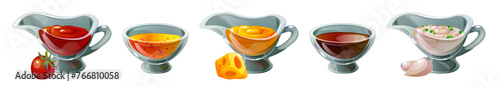 Dip sauce in glass bowl with ingredients. Cartoon vector illustration set of food seasoning and spicy condiment - ketchup or bbq with tomato, mayonnaise with garlic, cheese and soy gravy, mustard.