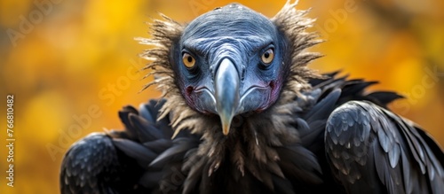 A close up of a vulture, a bird of prey in the Accipitridae family of Falconiformes, with fierce eyes, sharp beak, and majestic feathers, set against a vibrant yellow background
