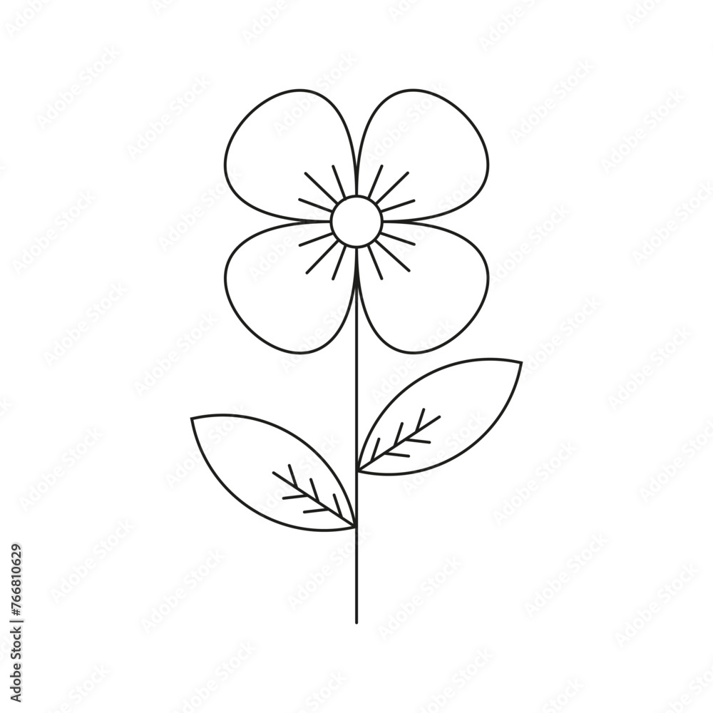 Minimalist contour drawing of flower. Hand drawn sketch of flower with leaves.