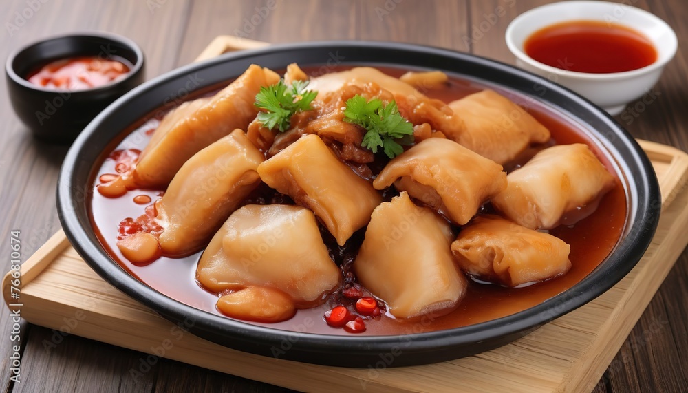 Braised Fish Maw in Red Gravy on wood background Braised Fish Maw in Red Gravy on wood background