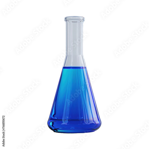 A blue liquid in a glass beaker. The beaker is tall and narrow isolated on white background.