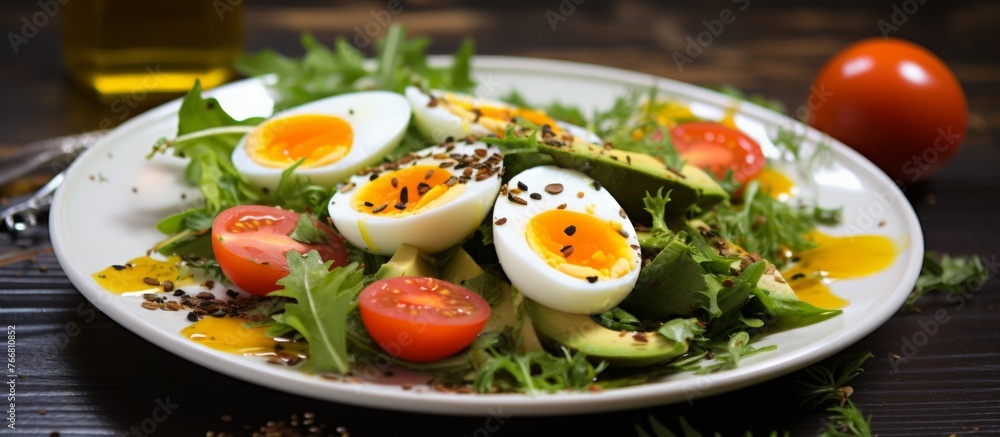 A nutritious dish featuring hard boiled eggs, tomatoes, avocado, and lettuce on a plate, showcasing a blend of fresh produce and ingredients A nutritious dish featuring hard boiled eggs, tomatoes, avocado, and lettuce on a plate, showcasing a blend of fresh produce and ingredients
