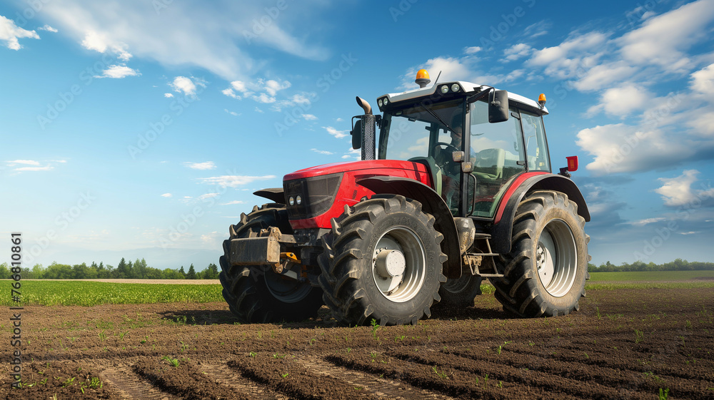 Farm tractor in the field under blue sky with white clouds Farm tractor in the field under blue sky with white clouds