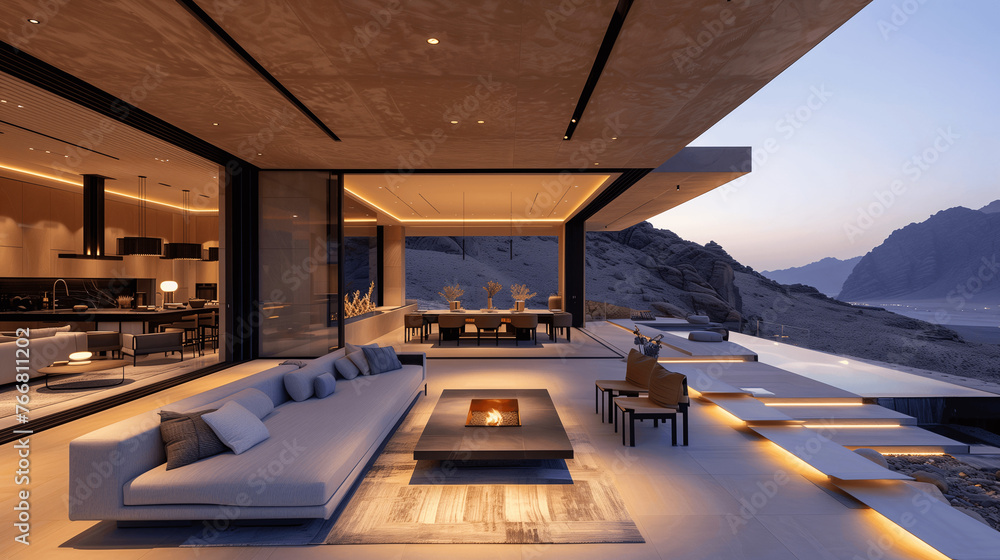 Luxury Desert Villa Interior at Twilight with Mountain View Luxury Desert Villa Interior at Twilight with Mountain View