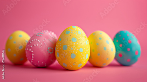 Painted eggs lined up neatly on a pink surface