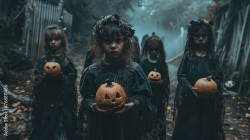 Scary kids costumes for Halloween. Girls trick or treating with spooky witches dress hold pumpkins. 31 October holiday. Fun people celebrate autumn party night. All Saints Hallows Eve. Happy childhood photo