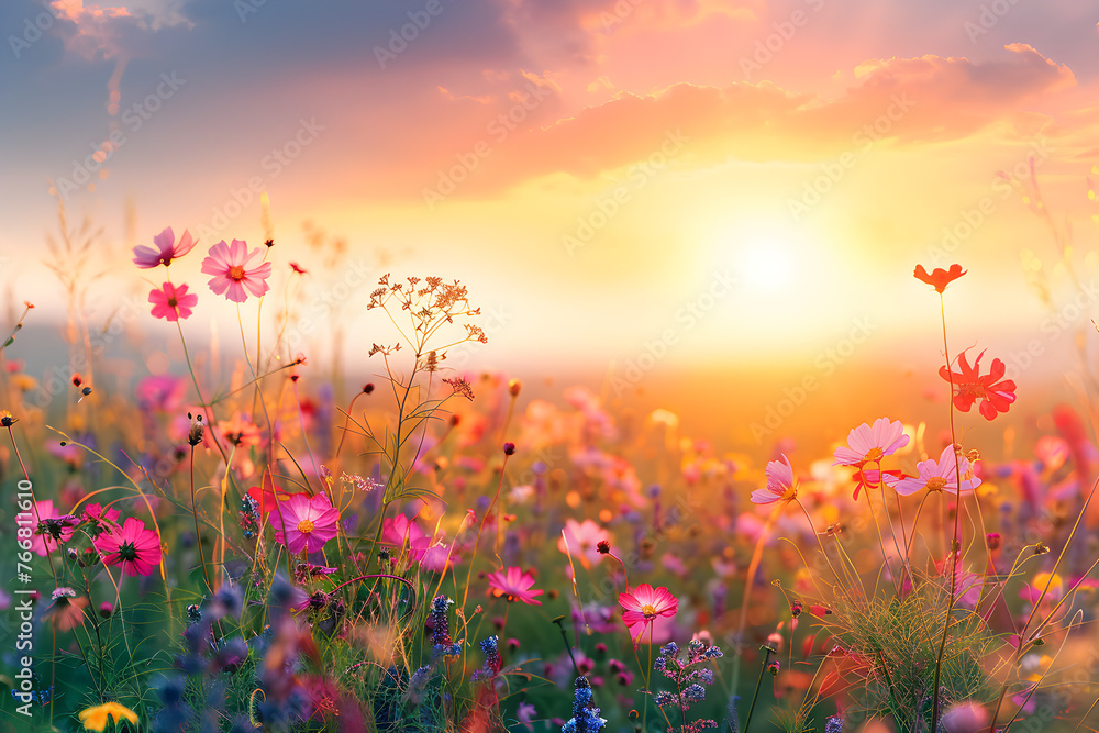 Fototapeta premium Beautiful meadow with wild flowers over sunset sky, nature field background with sun flare. Sunny summer or autumn nature backdrop in peach fuzz - color of the year 2024.