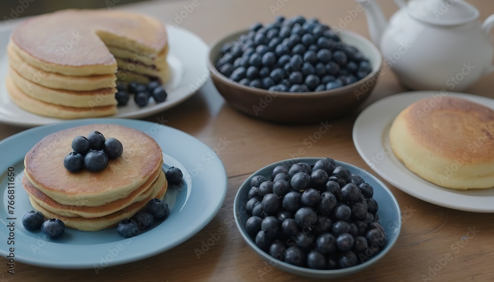 Close up of fresh blue berry and pan cake on table Close up of fresh blue berry and pan cake on table