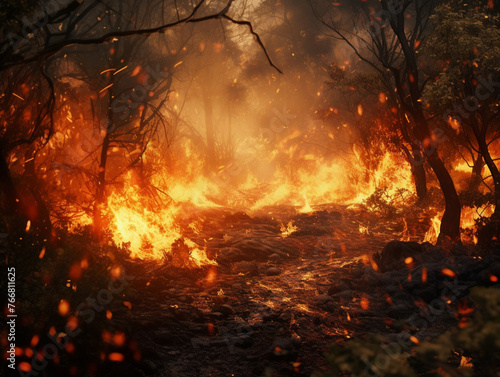 burning forest, fire, disaster, nature, created with Generative AI technology