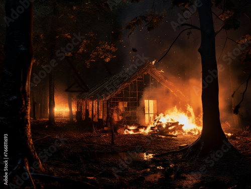 burning house in the forest  fire  disaster  nature  created with Generative AI technology