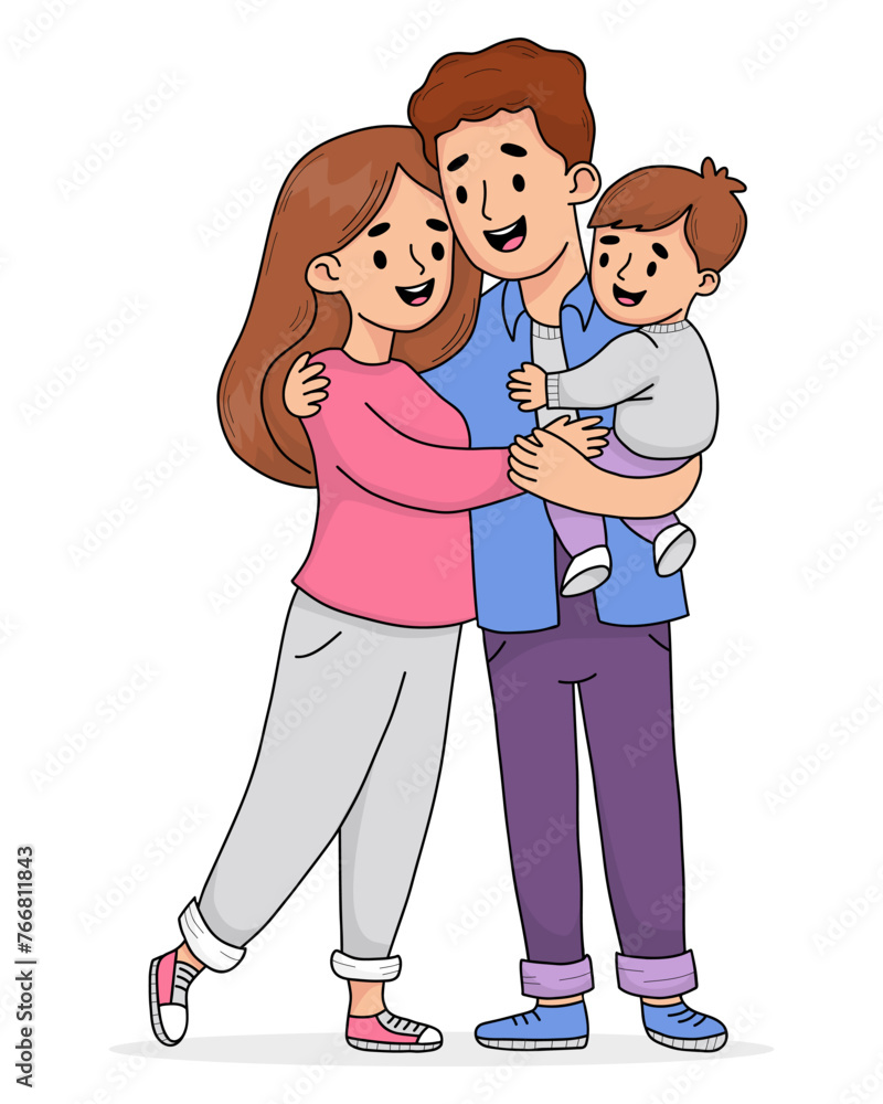Happy family. Cute man father hugs his wife and holds his son in his arms. Vector illustration. Smiling people characters in full growth