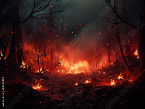 burning forest, fire, disaster, nature, created with Generative AI technology