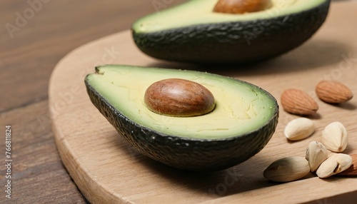 close up of slice of avocado and almond nut on table