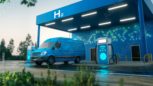 Blue van with hydrogen filling station in the background