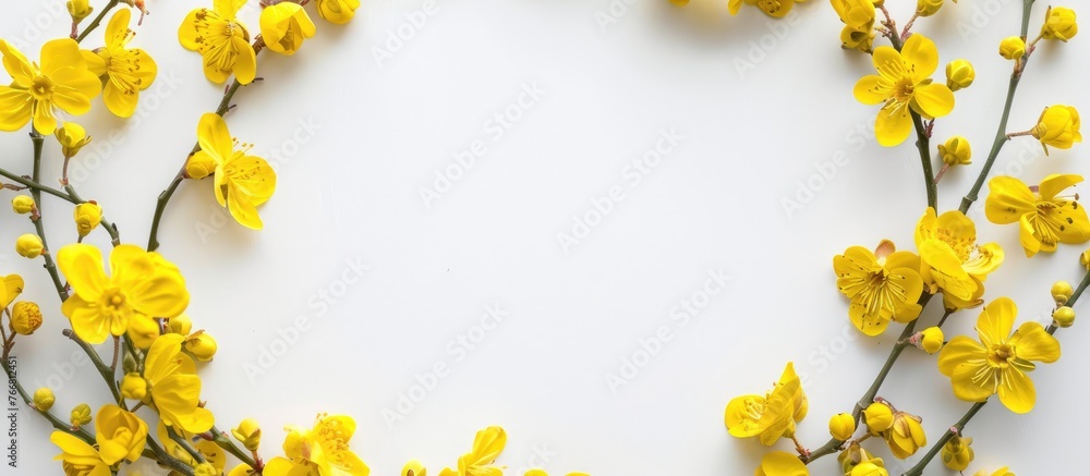 Composition of yellow flowers arranged in a wreath on a white background, representing themes of Easter, spring, and summer. Presented as a flat lay with a top view and empty space for text. Composition of yellow flowers arranged in a wreath on a white background, representing themes of Easter, spring, and summer. Presented as a flat lay with a top view and empty space for text.