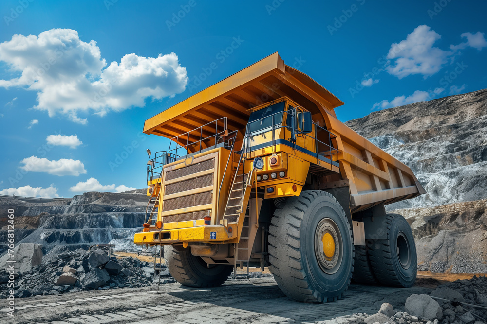 Dump truck in open pit mine on a sunny day