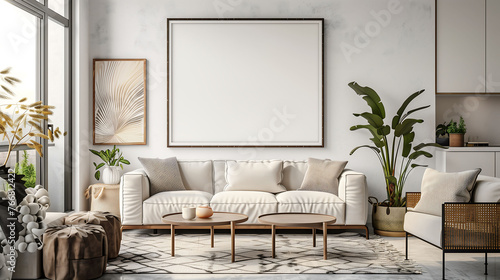 Blank poster frame mockup with minimalist sofa interior