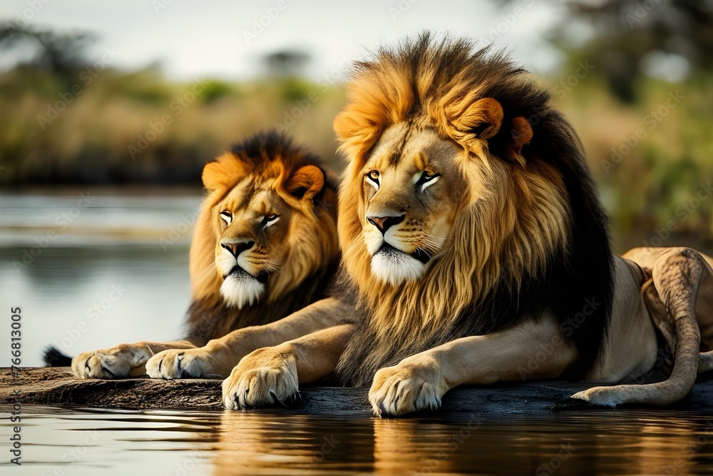 Two lions are lying near the river and looking into the distance