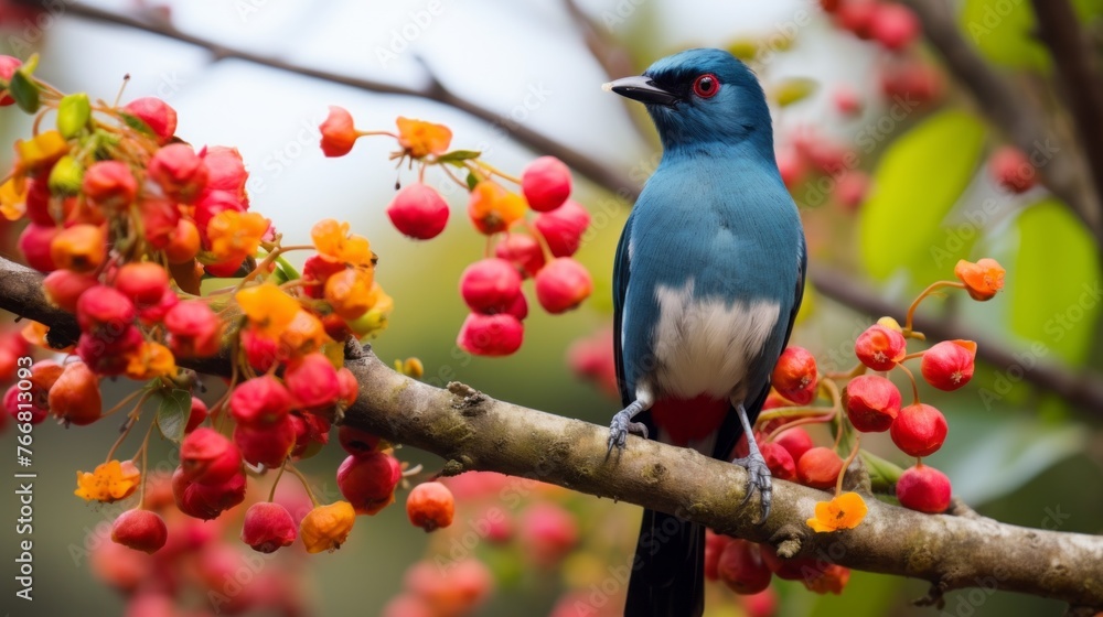 A blue bird is perched on a branch with red berries