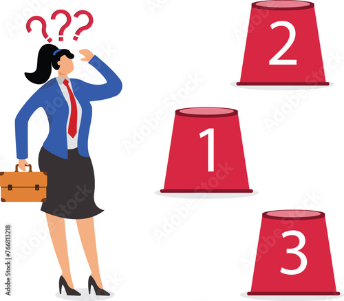 Choice, Thinking and Decision Making, Doubting Confusion and Thinking about making the best decision, Businesswoman thinking about which of the three cups in front of him should be chosen