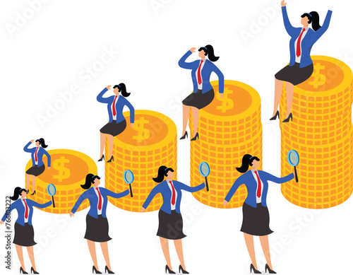 Employee performance marketing totals appraisal and review, Best Employee Competition, Employee Competition and Improvement, four managers with magnifying glasses reviewing the total annual earnings o