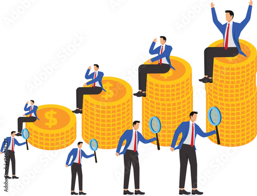 Employee performance marketing totals appraisal and review, Best Employee Competition, Employee Competition and Improvement, four managers with magnifying glasses reviewing the total annual earnings o