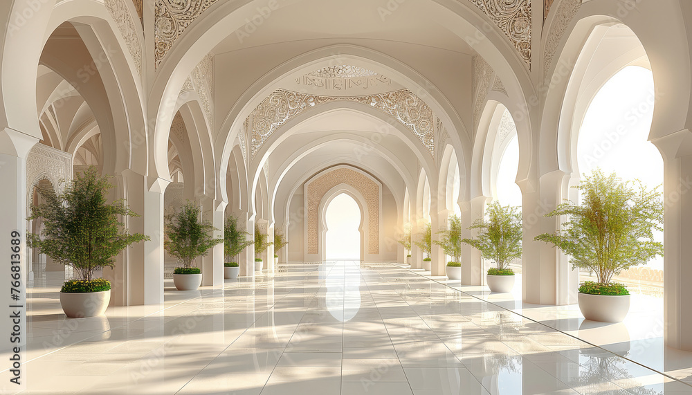 A hallway with multiple arches and various potted plants along the sides