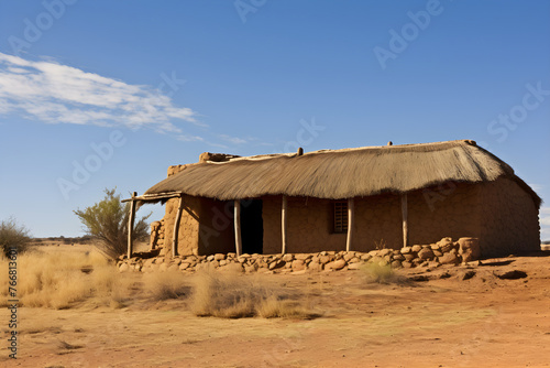 Rustic Adobe House in a Tranquil Rural Setting Against a Vibrant Sunset Sky © Pearl