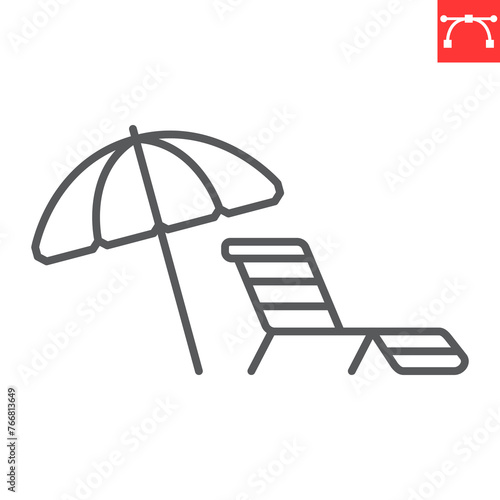 Umbrella and sun lounger line icon, summer and vacation, parasol and sunbed vector icon, vector graphics, editable stroke outline sign, eps 10.