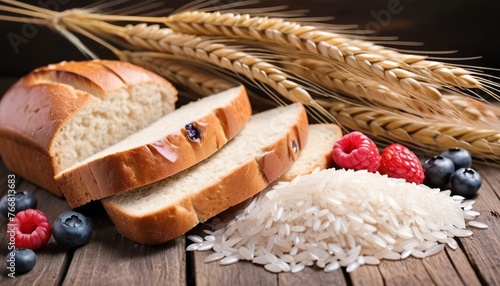 closeup bread loaf and wheat ears and berries rice on wooden background