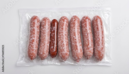 closeup frozen sausage in plastic bag with ice crystals isolated on white background