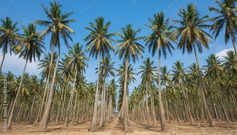 Coconut palm plantation with blue sky in Thailand Coconut palm plantation with blue sky in Thailand