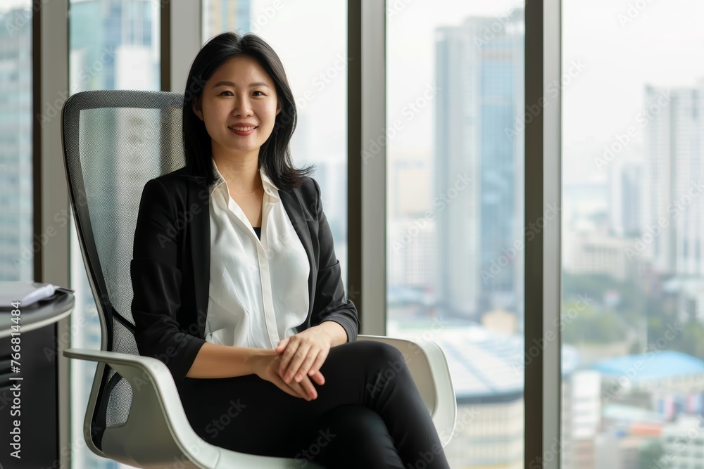 Confident Asian businesswoman sitting in an office chair by the window Confident Asian businesswoman sitting in an office chair by the window